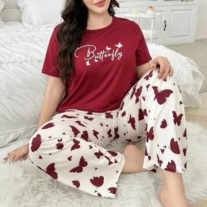 Butterfly & Letter Print Short Sleeve Top & Pants Pajama Set by SHEIN