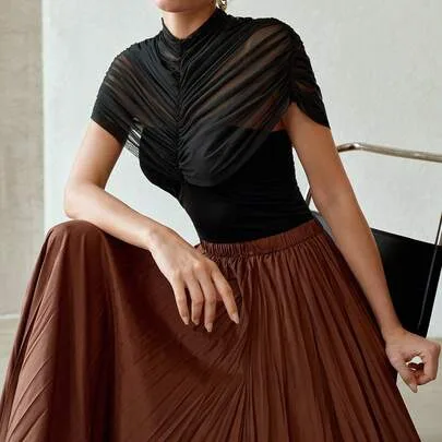 Minimalist Contrast Mesh Sheer Pleated T-Shirt by MOTF