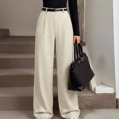 Fold Pleated High Waisted Wide Leg Pants with Pockets by SHEIN