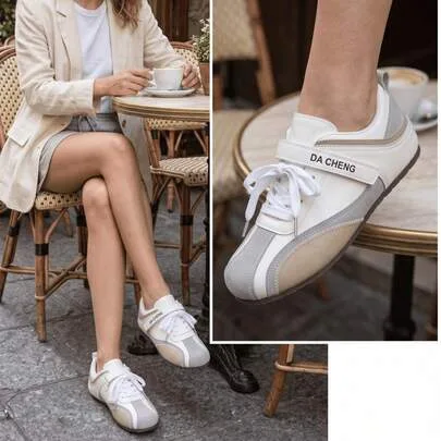 Mary Jane Ballet Training Flat Shoes Pearlescent Leather Patchwork Lace-Up Hook and Loop by SHEIN