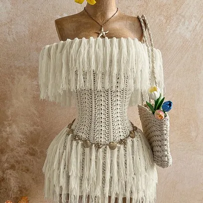 Knit Textured Fabric Fringe Mini Dress by Soleia