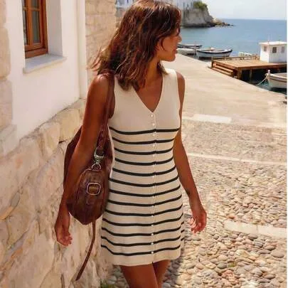 Striped Knit Mini Dress, Bohemian Style Button Front Sleeveless V-Neck Ribbed A-Line Sun Dress by SHEIN