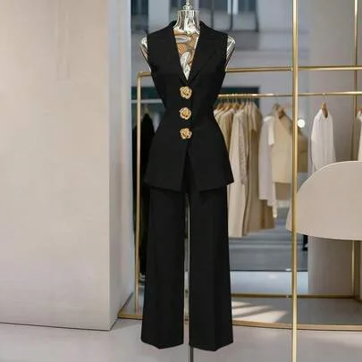 Metal 3D Floral Button Vest and Pants Elegant Suit Set by Franclia
