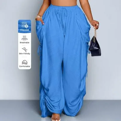 Pleated Drawstring Waist Wide Leg Pants, Boho Holiday Casual Loose Viscose Pants with Large Pockets by SOLERSUN