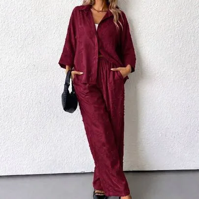 Blended Side Slit Loose Shirt & Wide Leg High Waist Pants 2-Piece Set by Aveloria
