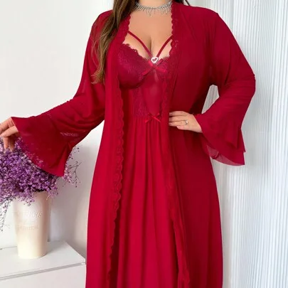 Lace Contrast Mesh Nightgown and Robe Set by SHEIN