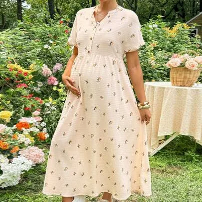 Maternity Ditsy Floral Notched Neck Batwing Sleeve Casual Dress by SHEIN
