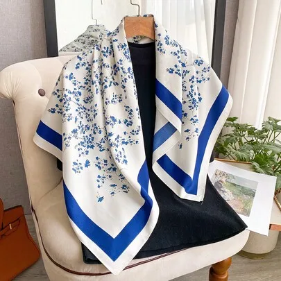 Floral Print 90cm Silk-Like Square Scarf, Versatile Bandana Headscarf Shawl by SHEIN