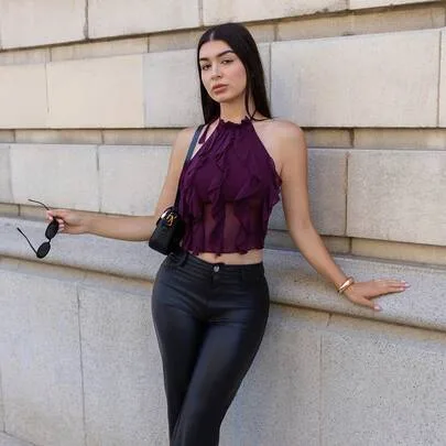 Backless Lace-Up Multi-Layered Ruffle Halter Crop Top by Andrea Bello