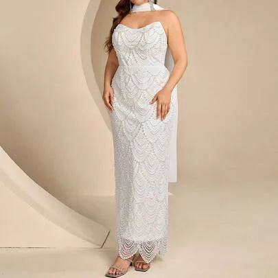 Strapless Backless Halter-Neck Pearl Embellished Straight-Cut Hem Formal Evening Dress by Coutiva