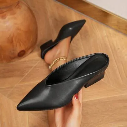 Deep Cut Pointed Toe Asymmetric Chunky Heel Mule Pumps