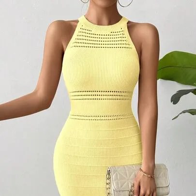Sleeveless Textured Perforated Pleated Sweater Dress by SHEIN