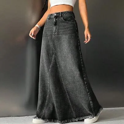 Frayed Hem High Waist Denim Skirt by SHEIN