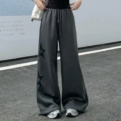 Drawstring Waist Loose Star Printed Casual Long Pants by DAZY