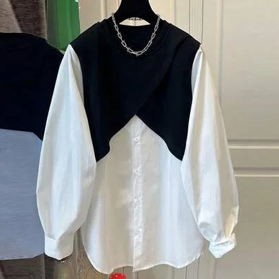 Round Neck Long Sleeve Loose Dual-Color Woven Fabric Front Button Blouse by SHEIN