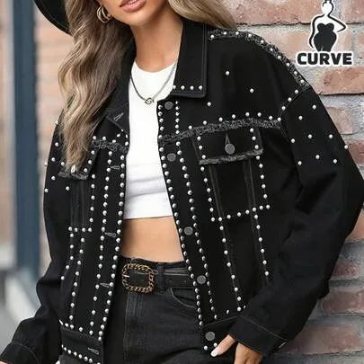 Rivet Denim Short Coat with Lapel and Fringed Accents by SHEIN