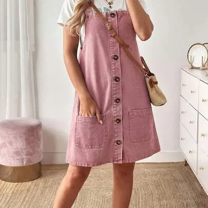 Solid Color Minimalist Kawaii Casual Denim Dress