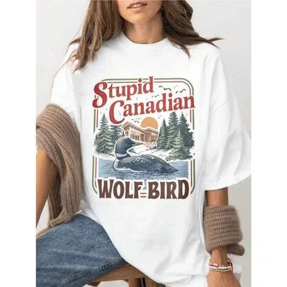 Stupid Canadian Wolf Bird Short Sleeve Geometric-Pattern T-Shirt by SHEIN