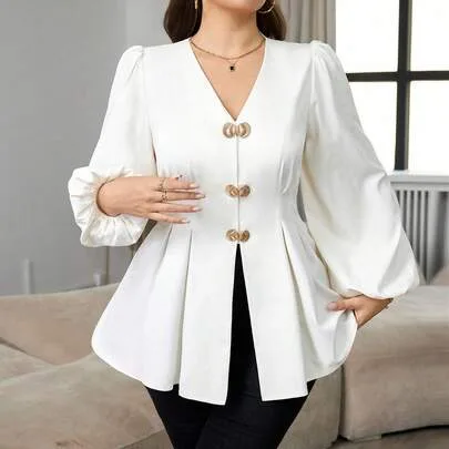 Solid Color Lantern Sleeve Cinched Waist Shirt by Modelyn
