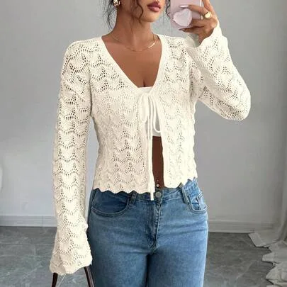Elegant Tie-Front Hollow Out Cardigan by Elenzga