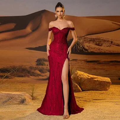 Sparkly Hand Beading Off Shoulder High Split Mermaid Evening Gown by Elisanya