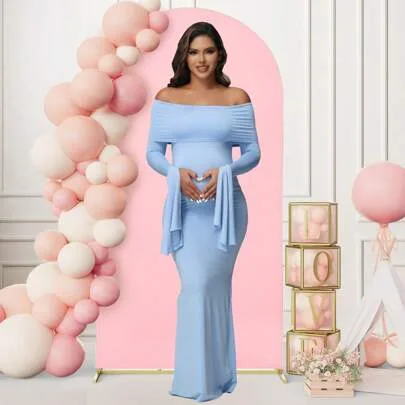 Maternity Long Sleeve Solid Color Off-Shoulder Elegant Dress by SHEIN