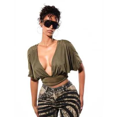 Deep V-Neck Ruched Crop Top with Batwing 3/4 Sleeves Draped Design by SUMWON