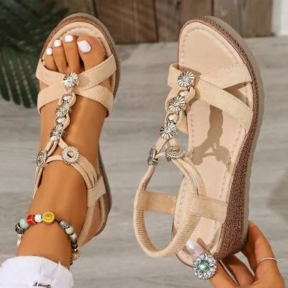Retro Platform Wedge Sandals Bohemian Beaded Rope Sole 5.5CM Heel by SHEIN