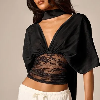 Deep V-Neck Crop Top with Lace Hem Panel Choker Tie Back Kimono Sleeves by AiiRZ