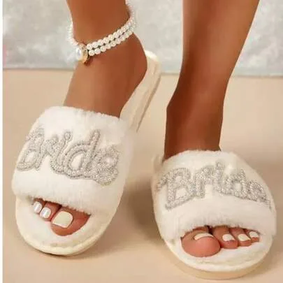 Crystal Pearl Letter "Bride" Decor Flat Slippers, Shiny Bridal Shoes, Open Toe by SHEIN