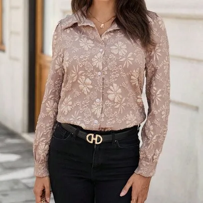 Floral Jacquard Long Sleeve Single-Breasted Elegant Blouse by EMERY ROSE
