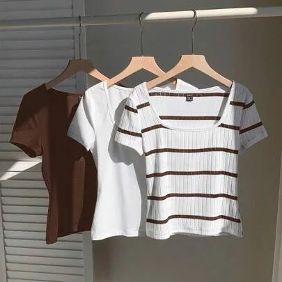 3pcs Short Sleeve Basic Crew Neck Cropped T-Shirts by Comfortcana