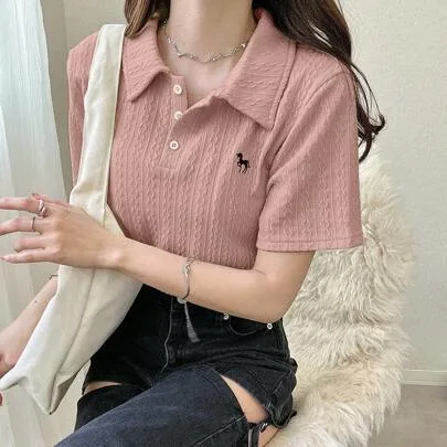 Basic Polo Collar Embroidered T-Shirt, Turndown Collar Short Sleeve by FRIFUL