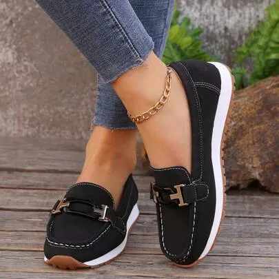 Casual Slip-On Loafers, Soft Bottom Comfortable Non-Slip Flat Shoes with Decorative Buckle by SHEIN