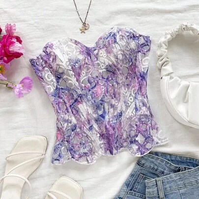Bandeau Lace Double-Layer Fitted Corset Bustier Top, Floral Embroidered Hollow Out Sweet Nightclub Lacey by Soleia