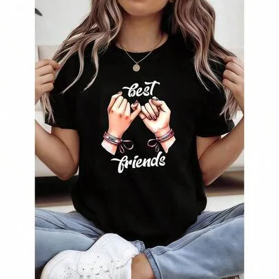 Best Friends Graphic Print T-Shirt, Short Sleeve Crew Neck Casual Top by SHEIN