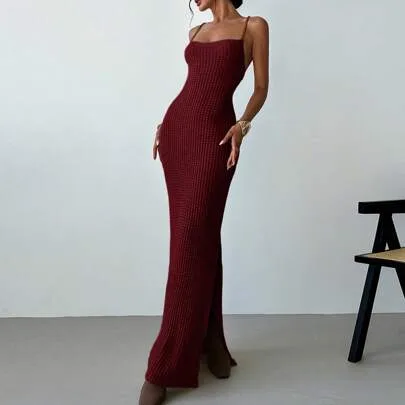 Criss-Cross Backless Cutout High Slit Midi Knit Dress by Firerie