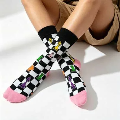 Mid-Calf Socks with Plaid, Geometric, Cartoon & Contrast Color Designs by SHEIN