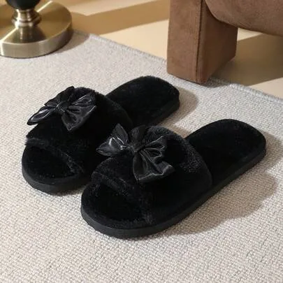 Open Toe Bowknot Fluffy Slippers by SHEIN