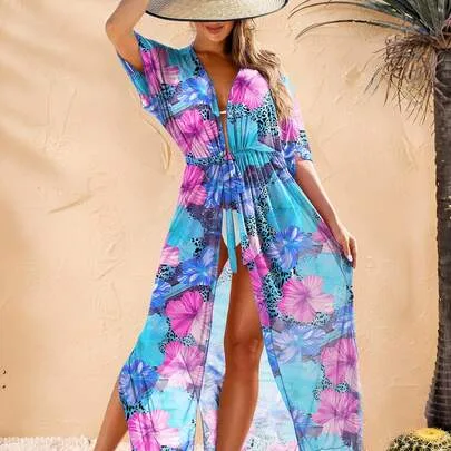 Colorful Floral Print Beach Cover-Up with Tie Waist