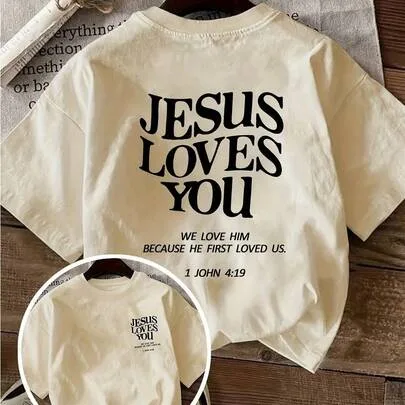 Pure Cotton Loose Jesus Christian Pattern Crew Neck T-Shirt by SHEIN