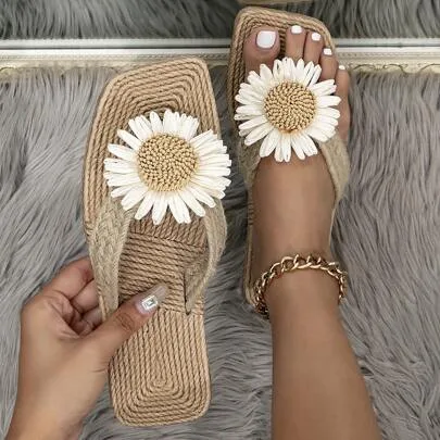 Straw-Like Woven Flat Flip Flops Beach Sandals by SHEIN