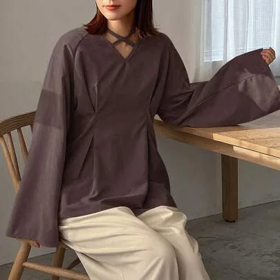 Solid Color Long Sleeve Hollow Blouse by FRIFUL