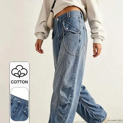 Flap Pocket Side Pleats Washed Loose-Fitting Cargo-Style Jogger-Leg Harem Jeans by SHEIN