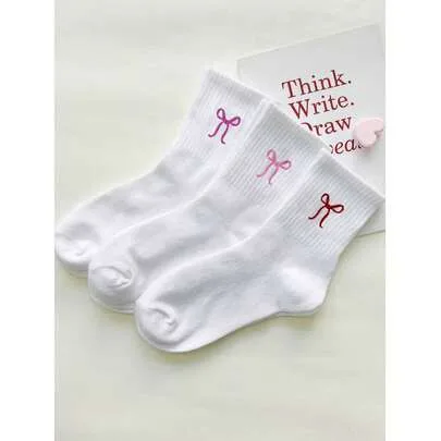 3 Pairs Bow Pattern Crew Socks by SHEIN