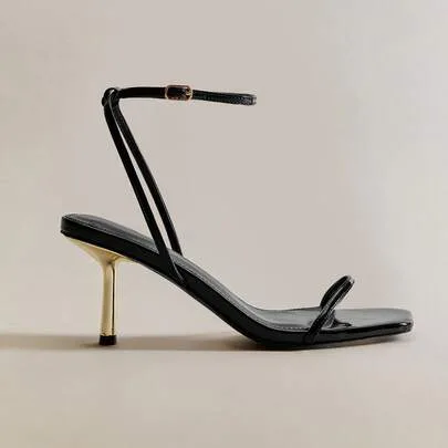 Patent Ankle Strap Buckle Square Toe Heeled Sandals by Hauture