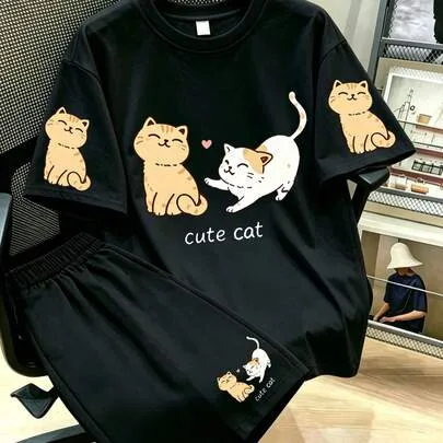 2-Piece Set with Cat & Letter Print, Round Neck Short Sleeve Top & Shorts by SHEIN