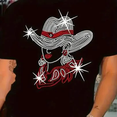 Western Cowgirl Cotton T-Shirt Casual Short-Sleeved Round Neck by SHEIN