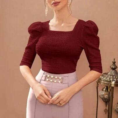 Square Neck Puff Sleeve T-Shirt by Modelyn