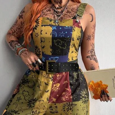 Dark Style Block Patchwork Print Suspenders Jumpsuit by Whyspr